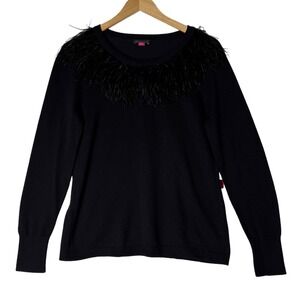 Vince Camuto Womens Medium Black Feather Trim Sweater‎ Holiday Party Statement